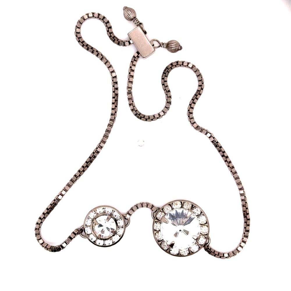 Sorrelli Clear Crystal Adjustable Bolo Bracelet Gunmetal Tone Box Chain Round